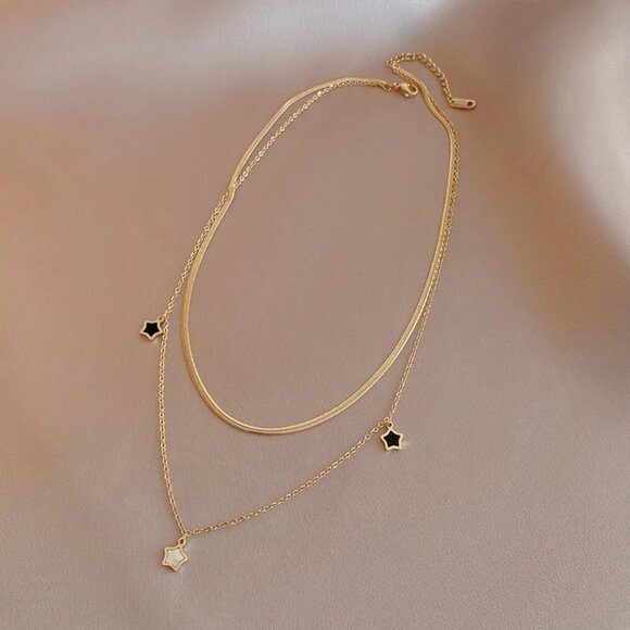 NEW 14K Yellow Gold Lucky Star Layered Luxury Necklace - Picture 2 of 6